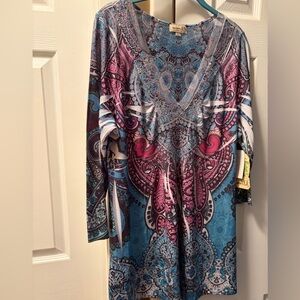 ONE WORLD Blue and Pink Paisley V-Neck Tunic